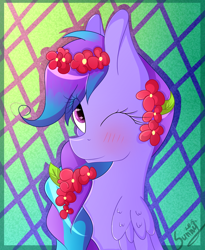 Size: 2048x2500 | Tagged: safe, artist:herusann, oc, oc only, pegasus, pony, abstract background, blushing, braid, female, flower, flower in hair, high res, mare, one eye closed, pegasus oc, solo, wink