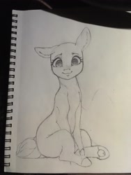 Size: 1536x2048 | Tagged: safe, artist:miokomata, earth pony, pony, looking at you, pencil drawing, sitting, smiling, smiling at you, solo, traditional art, underhoof