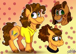 Size: 2048x1459 | Tagged: safe, artist:milledpurple, cheese sandwich, earth pony, pony, g4, alternate hairstyle, bust, clothes, concave belly, insanity, male, polka dot background, signature, smiling, stallion, unshorn fetlocks