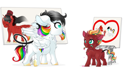 Size: 3960x2125 | Tagged: safe, artist:schokocream, oc, oc:lightning bliss, oc:toonkriticy2k, alicorn, pony, alicorn oc, butt, colt, drawing, female, hat, heart, high res, horn, male, mare, multicolored hair, plot, rainbow hair, simple background, stallion, top hat, white background, wings