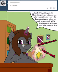 Size: 2000x2500 | Tagged: safe, artist:renatethepony, oc, oc only, oc:raven quill, pony, unicorn, ask, banana, bookshelf, bust, eating, food, glasses, glowing, glowing horn, herbivore, high res, horn, indoors, magic, male, stallion, telekinesis