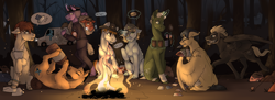 Size: 3288x1197 | Tagged: safe, artist:royvdhel-art, oc, oc only, pegasus, pony, unicorn, anthro, unguligrade anthro, alcohol, anthro with ponies, beer, campfire, glowing, glowing horn, holding a pony, horn, magic, outdoors, pegasus oc, playing card, telekinesis, truck, unicorn oc