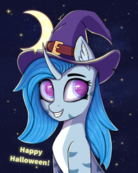Size: 3118x3898 | Tagged: safe, artist:ingolf arts, oc, oc only, oc:pearl wave, original species, pony, shark, shark pony, unicorn, bust, clothes, crescent moon, cute, female, fish tail, grin, halloween, hat, high res, holiday, horn, looking at you, mare, moon, night, ocbetes, simple background, smiling, smiling at you, solo, stars, tail, witch, witch hat