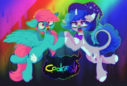 Size: 2127x1444 | Tagged: safe, artist:astralblues, oc, oc only, pony, unicorn, 28 pranks later, g4, bowtie, chest fluff, cookie zombie, ear fluff, hat, leonine tail, looking at you, open mouth, rainbow background, rainbow muzzle, tail, witch hat