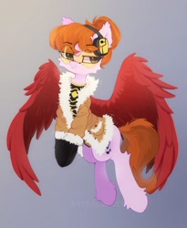 Size: 1422x1738 | Tagged: safe, artist:astralblues, oc, oc only, pegasus, pony, clothes, female, glasses, gradient background, headphones, mare, solo