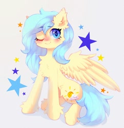 Size: 1360x1404 | Tagged: safe, artist:astralblues, oc, oc only, pegasus, pony, abstract background, ear fluff, female, mare, one eye closed, simple background, sitting, solo, stars, wink