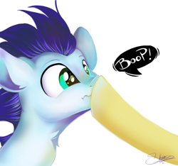Size: 1280x1200 | Tagged: safe, artist:sketchiix3, soarin', pegasus, pony, g4, :t, blushing, boop, cute, dialogue, hooves, male, neck fluff, nose wrinkle, ponytober, scrunchy face, simple background, soarinbetes, solo focus, speech bubble, stallion, unknown pony, white background, wide eyes