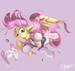 Size: 1280x1200 | Tagged: safe, artist:sketchiix3, fluttershy, pegasus, pony, g4, clothes, crossover, cute, daaaaaaaaaaaw, female, floating, floppy ears, looking at you, looking down, mare, midair, my hero academia, ochako uraraka, open mouth, ponytober, purple background, shyabetes, simple background, solo, spread out hair, spread wings, three quarter view, uravity's hero costume, wings, zero gravity