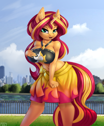 Size: 3306x4000 | Tagged: safe, artist:lightly-san, sunset shimmer, unicorn, anthro, g4, bedroom eyes, big breasts, breasts, busty sunset shimmer, city, cityscape, clothes, cloud, female, high res, hip, looking at you, open mouth, open smile, outdoors, sarong, smiling, smiling at you, solo