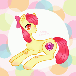 Size: 1500x1500 | Tagged: safe, artist:damnbeavers, apple bloom, earth pony, pony, g4, abstract background, female, filly, lying down, solo