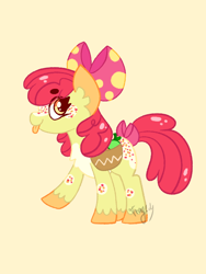 Size: 600x800 | Tagged: safe, artist:tragedykaz, apple bloom, earth pony, pony, g4, adorabloom, bag, bow, cute, female, filly, raised hoof, redesign, saddle bag, solo, standing, tongue out