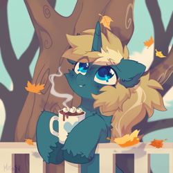 Size: 2000x2000 | Tagged: safe, artist:mirtash, oc, oc only, oc:maple parapet, pony, unicorn, autumn, chocolate, cottagecore, cup, fence, food, high res, hot chocolate, leaves, looking up, solo, tree, unshorn fetlocks