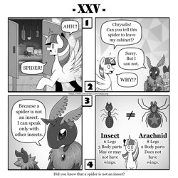 Size: 1200x1200 | Tagged: safe, artist:vavacung, queen chrysalis, spike, twilight sparkle, alicorn, ant, dragon, insect, moth, pony, spider, star spider, comic:out of chrysalis, g4, comic, female, male, monochrome, species swap, twilight sparkle (alicorn)