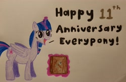 Size: 3566x2327 | Tagged: safe, artist:magicnova, derpibooru exclusive, twilight sparkle, alicorn, pony, g4, book, female, happy birthday mlp:fim, high res, looking at you, magic, magic aura, mare, mlp fim's eleventh anniversary, simple background, solo, traditional art, twilight sparkle (alicorn), white background