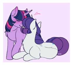 Size: 2048x1829 | Tagged: safe, artist:tsetsera, rarity, twilight sparkle, pony, unicorn, g4, blushing, chest fluff, female, heart, kissing, lesbian, ship:rarilight, shipping