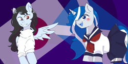 Size: 1536x768 | Tagged: safe, artist:metaruscarlet, oc, oc only, oc:anime-chan, oc:balmoral, pegasus, pony, unicorn, blushing, clothes, clothes swap, duo, ear piercing, earring, female, flag, grin, hair over one eye, happy birthday mlp:fim, japan, japanese, jewelry, mare, mlp fim's eleventh anniversary, national flag, necktie, open mouth, piercing, sailor uniform, school uniform, scotland, scottish, skirt, smiling, socks, striped socks, sweater, uniform