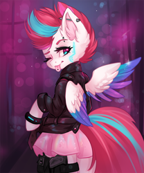 Size: 800x960 | Tagged: safe, artist:valeria_fills, zipp storm, pegasus, semi-anthro, g5, my little pony: a new generation, arm hooves, clothes, ear fluff, ear piercing, female, gun, handgun, jacket, leather jacket, one eye closed, piercing, pistol, skirt, solo, tongue out, tongue piercing, weapon, wink