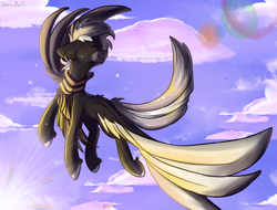 Size: 2020x1536 | Tagged: safe, artist:yuris, oc, oc only, oc:midnight serenity, pegasus, pony, clothes, cloud, male, pegasus oc, scarf, sky, smiling, solo