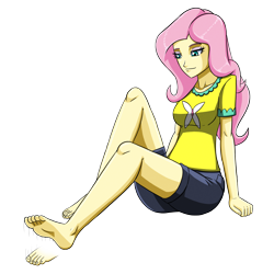 Size: 3600x3600 | Tagged: safe, artist:artemis-polara, fluttershy, equestria girls, g4, barefoot, breasts, clothes, commission, feet, female, foot tapping, high res, shirt, shorts, simple background, solo, tapping, transparent background