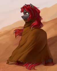 Size: 1200x1500 | Tagged: safe, artist:tigra0118, oc, oc only, oc:crimson fist, pony, unicorn, broken horn, commission, digital art, duster, horn, illustration, looking at something, male, sand, solo, standing