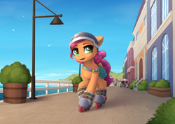 Size: 4000x2830 | Tagged: safe, artist:dipfanken, sunny starscout, bird, earth pony, pony, g5, my little pony: a new generation, background pony, bag, braid, braided ponytail, cloud, cute, eye clipping through hair, eyebrows, eyebrows visible through hair, female, gonna be my day, helmet, high res, mare, maretime bay, ocean, open mouth, open smile, pin, potted plant, roller skates, rollerblades, scene interpretation, sitting, smiling, solo, streetlight, sunnybetes, umbrella