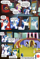 Size: 3540x5205 | Tagged: source needed, useless source url, safe, artist:lummh, artist:whitequartztheartist, princess cadance, shining armor, pegasus, pony, unicorn, comic:the princess of love, g4, absurd resolution, advertisement, barracks, canterlot, canterlot castle, comic, eyelid pull, eyes closed, facehoof, frown, grin, guard, jewelry, male, mirror, multiple characters, nervous, nervous smile, open mouth, proud, ring, room, smiling, stallion, unshorn fetlocks, wedding ring