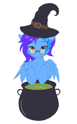 Size: 5000x8000 | Tagged: safe, artist:lunar froxy, oc, oc only, oc:angley, pegasus, pony, chest fluff, commission, cute, ear fluff, female, glasses, halloween, hat, holiday, looking at you, mare, simple background, solo, transparent background, wings, witch hat, ych result