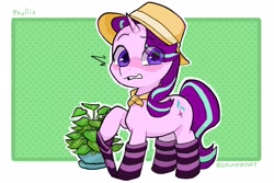 Size: 2100x1400 | Tagged: safe, artist:lound, phyllis, starlight glimmer, pony, unicorn, g4, blushing, clothes, eye clipping through hair, female, hat, looking at you, mare, plant, potted plant, socks, solo, striped socks