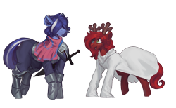 Size: 2170x1337 | Tagged: safe, artist:nsilverdraws, oc, oc:harmony, oc:rose tinder, earth pony, pony, armor, cape, clothes, costume, deer antlers, deer nose, deltarune, dress, earth pony oc, freckles, kris, long sleeves, noelle holiday, oc x oc, shipping, simple background, transparent background