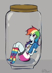 Size: 1446x2039 | Tagged: safe, artist:tacoman dusct, rainbow dash, human, equestria girls, g4, clothes, female, human in a jar, jar, lewd container meme, missing shoes, rainbow socks, simple background, sitting, socks, solo, stocking feet, striped socks, this will not end well