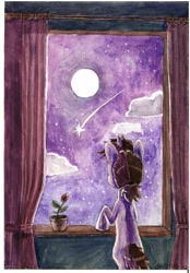 Size: 752x1080 | Tagged: safe, artist:au32033, oc, oc only, oc:vetta, earth pony, pony, cloud, flower, flower pot, moon, night, shooting star, sky, solo, stars, window