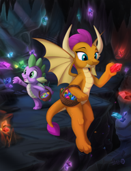 Size: 2400x3131 | Tagged: safe, alternate version, artist:sirzi, smolder, spike, dragon, g4, basket, cave, commission, dragoness, duo, female, gem, gem cave, high res, male, open mouth, open smile, scales, smiling, spread wings, winged spike, wings