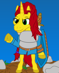 Size: 2048x2512 | Tagged: safe, artist:terminalhash, oc, oc only, oc:rouzfirecarrot, unicorn, anthro, anthro oc, clothes, digital art, equine, high res, knight, shield, solo, sword, vector, weapon