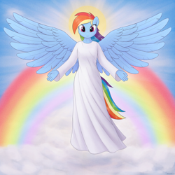 Size: 3500x3500 | Tagged: safe, artist:irisarco, rainbow dash, angel, pegasus, anthro, g4, angelic, clothes, cloud, day, dress, ear fluff, female, flying, halo, high res, looking at you, outdoors, rainbow, sky, smiling, solo, spread wings, standing, watermark, wings
