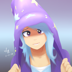 Size: 1000x1000 | Tagged: safe, artist:sketchbookfim, artist:suketchib, trixie, human, g4, covering, female, gradient background, humanized, light skin, looking at you, smiling, solo