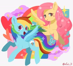 Size: 2048x1870 | Tagged: safe, artist:efuji_d, fluttershy, rainbow dash, pegasus, pony, g4, female, heart, mare, open mouth, open smile, rainbow, smiling, sparkles, starry eyes, wingding eyes