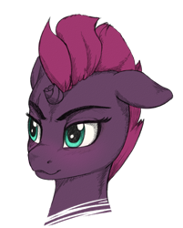 Size: 2826x3508 | Tagged: safe, artist:koshakevich, tempest shadow, pony, unicorn, g4, broken horn, bust, female, floppy ears, high res, horn, looking away, mare, portrait, simple background, smiling, solo, three quarter view, transparent background