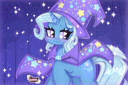 Size: 4500x3000 | Tagged: safe, artist:bunxl, trixie, pony, unicorn, boast busters, g4, :3, cape, clothes, curtains, cute, cutie mark, diatrixes, eyelashes, female, hat, horn, lidded eyes, mare, scene interpretation, smiling, solo, sparkles, sparkly mane, sparkly tail, starry eyes, stars, tail, trixie's cape, trixie's hat, wingding eyes
