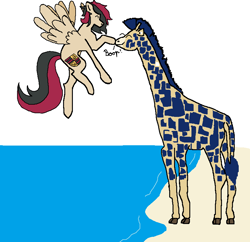 Size: 820x793 | Tagged: safe, artist:porschepegasus, oc, oc:porsche speedwings, oc:procerus, giraffe, pegasus, pony, boop, flying, mlp fim's eleventh anniversary, ms paint, pegasus oc, seaside, simple background, water, white background