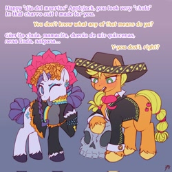 Size: 2048x2048 | Tagged: safe, artist:dorpapu, applejack, rarity, earth pony, pony, unicorn, g4, dialogue, female, flower, flower in hair, high res, lesbian, mariachi, mariachi hat, mexico, ship:rarijack, shipping, spanish