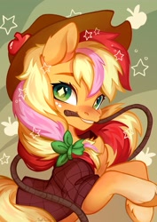 Size: 2894x4093 | Tagged: safe, artist:sofiko-ko, applejack, earth pony, pony, g4, chest fluff, clothes, cute, high res, jackabetes, mouth hold, rainbow power, rope, shirt, solo, starry eyes, wingding eyes