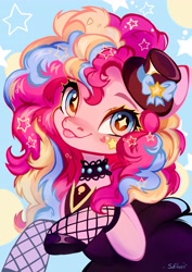 Size: 2894x4093 | Tagged: safe, artist:sofiko-ko, pinkie pie, earth pony, pony, g4, :p, choker, clothes, dress, fishnet stockings, hat, rainbow power, solo, starry eyes, tongue out, wingding eyes