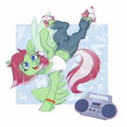 Size: 3329x3329 | Tagged: safe, artist:ls_skylight, oc, oc only, oc:watermelon success, pegasus, pony, boombox, breakdancing, cheek fluff, clothes, high res, music notes, solo, standing, standing on one leg