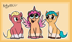 Size: 1100x647 | Tagged: safe, artist:artyanimated, hitch trailblazer, sprout cloverleaf, sunny starscout, earth pony, pony, g5, my little pony: a new generation, artificial horn, artificial wings, clothes, colt, colt hitch trailblazer, colt sprout cloverleaf, costume, cute, doodle, fake alicorn, female, filly, filly sunny starscout, male, sitting, trio, wings, younger