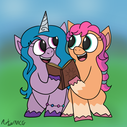 Size: 1080x1080 | Tagged: safe, artist:artyanimated, izzy moonbow, sunny starscout, earth pony, pony, unicorn, g5, my little pony: a new generation, blurry background, book, cute, doodle, duo, duo female, female, looking at each other, looking at someone, mare