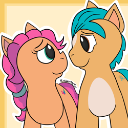 Size: 1080x1080 | Tagged: safe, artist:artyanimated, hitch trailblazer, sunny starscout, earth pony, pony, g5, my little pony: a new generation, doodle, duo, female, looking at each other, looking at someone, male, mare, ship:starblazer, shipping, simple background, stallion, straight
