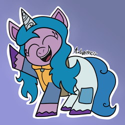 Size: 1080x1080 | Tagged: safe, artist:artyanimated, izzy moonbow, pony, unicorn, g5, my little pony: a new generation, clothes, cute, doodle, eyes closed, female, izzybetes, mare, open mouth, raised hoof, simple background, smiling, solo, standing