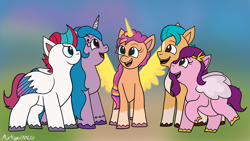 Size: 1280x720 | Tagged: safe, artist:artyanimated, hitch trailblazer, izzy moonbow, pipp petals, sunny starscout, zipp storm, alicorn, earth pony, pegasus, pony, unicorn, g5, my little pony: a new generation, artificial horn, artificial wings, augmented, blurry background, doodle, female, group, horn, magic, magic horn, magic wings, male, mane five, mane stripe sunny, mare, race swap, redraw, stallion, sunnycorn, wings