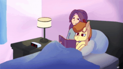 Size: 1920x1080 | Tagged: safe, artist:storyteller, oc, oc:omelette, human, pony, animated, bed, book, cuddling, cute, music, reading, sound, webm
