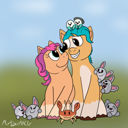Size: 1080x1080 | Tagged: safe, artist:artyanimated, hitch trailblazer, kenneth, mcsnips-a-lot, steven, sunny starscout, bird, crab, earth pony, pony, rabbit, seagull, g5, my little pony: a new generation, animal, blurry background, critter magnet, critters, doodle, duo, female, looking at each other, looking at someone, male, mare, ship:starblazer, shipping, sitting, stallion, straight